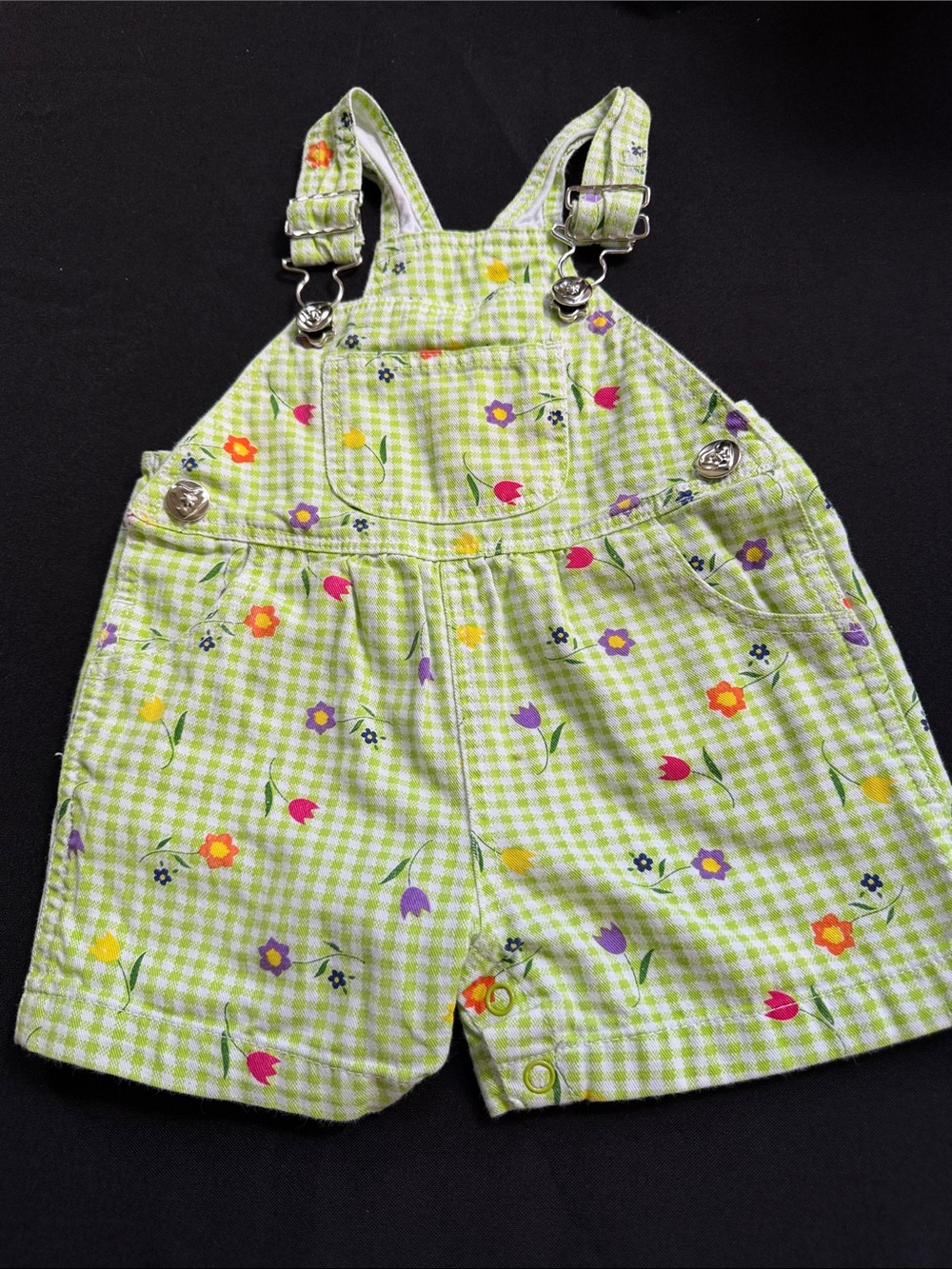 Lime Green Gingham Floral Baby Overalls